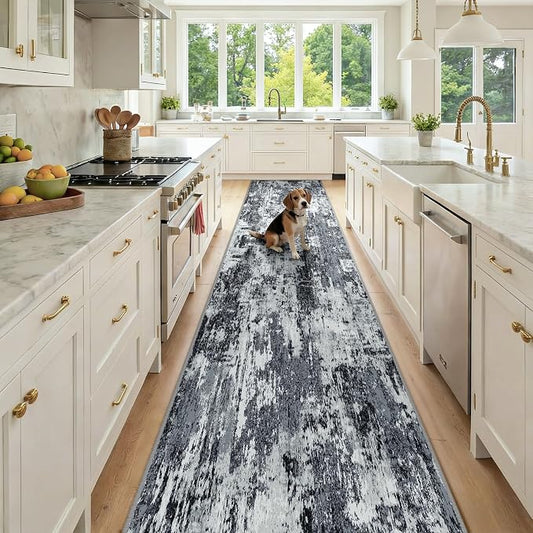 RELEANY Washable Area Rugs 2'6"x12 Non-Slip Modern Abstract Soft for Living Room Entryway Bedroom Kitchen, Print Pattern, Black Navy Blue Gray