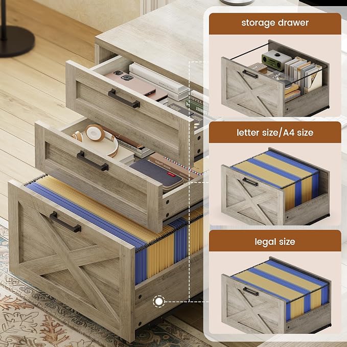 SEDETA 67" Farmhouse L Shaped Desk with Hutch, Home Office Desks with Drawers & Sliding Doors, Corner Computer Desk with Storage Shelves & Power Outlets, Executive Desk with LED Lights, Grey