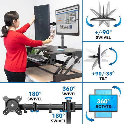 Mount-It! Standing Desk Converter Dual Monitor, 2 Screen Mounts Included, Height Adjustable Desk Riser in Black, Stand Up Desk Convertor Large 36" Wide, Sit Stand Convertor with Manual Lift Gas Spring