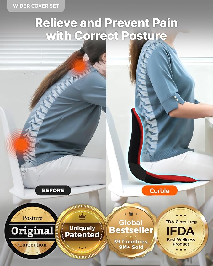 curble Wider – Ergonomic Desk Chair Seat Cushion, Everyday Passive Posture Trainer for Work from Home, Office & Car, Breathable Lumbar Support (Red)