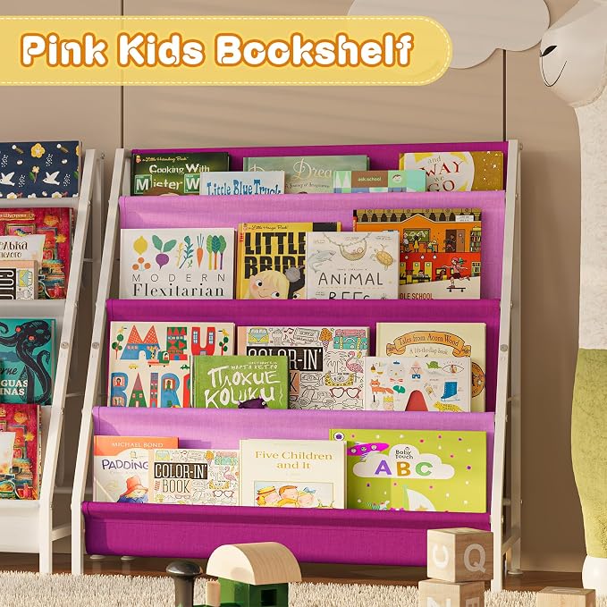 Aokitsink Kids Bookshelf for Kids Rooms, 4-Tier Montessori Bookshelf,Nursery Book Shelves,Pink Toddler Bookshelf, Metal Kid's Book Storage Organizer for Girls Room Furniture Playroom Kindergarten