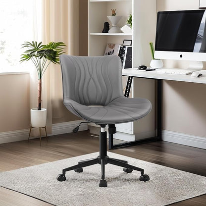 Armless Office Chair, Height Adjustable Desk Chair with Wheels, Ergonomic Comfy 360° Swivel Home Office Computer Task Chair, Faux Leather Padded Cute Vanity Chair, Gray