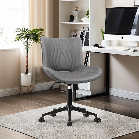Armless Office Chair, Height Adjustable Desk Chair with Wheels, Ergonomic Comfy 360° Swivel Home Office Computer Task Chair, Faux Leather Padded Cute Vanity Chair, Gray