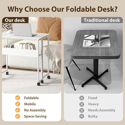 31.5" Folding Desk Rolling Desk with Storage Shelf,Space-Saving Foldable Computer Desk with Wheels,Portable Mobile Couch Sofa Side Table for Small Spaces, Home Office, Study, Easy Assembly,white