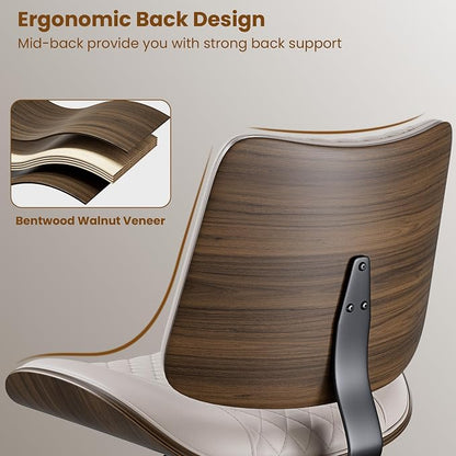 REONEY Home Armless Office Chair, Modern Walnut Desk Chair with Wheels, Adjustable Swivel Rolling Task Chair with Curved Back for Reading,Meeting Room,Beige