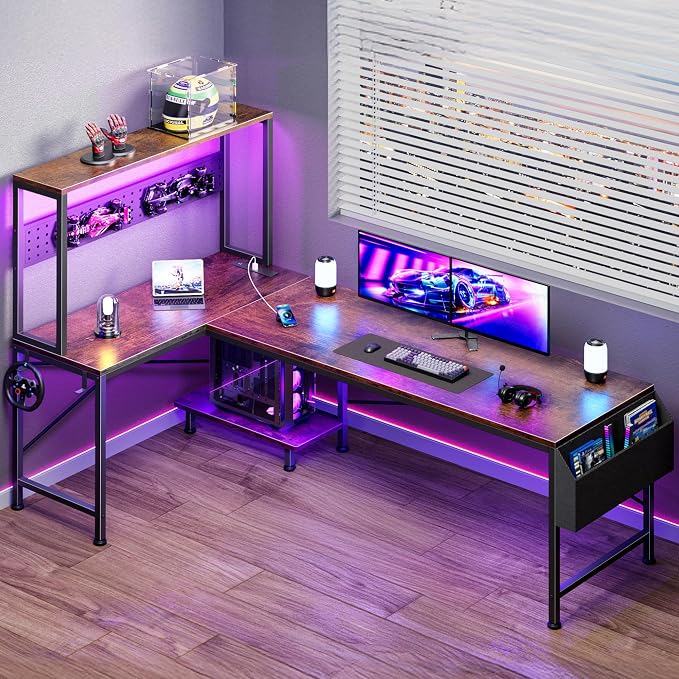 PRAISUN L Shaped Gaming Desk with LED Lights & Power Outlets, Reversible Computer Desk with Storage Shelves & Bag, Large Corner Home Office Desk with Pegboard for Work from Home, Rustic Brown