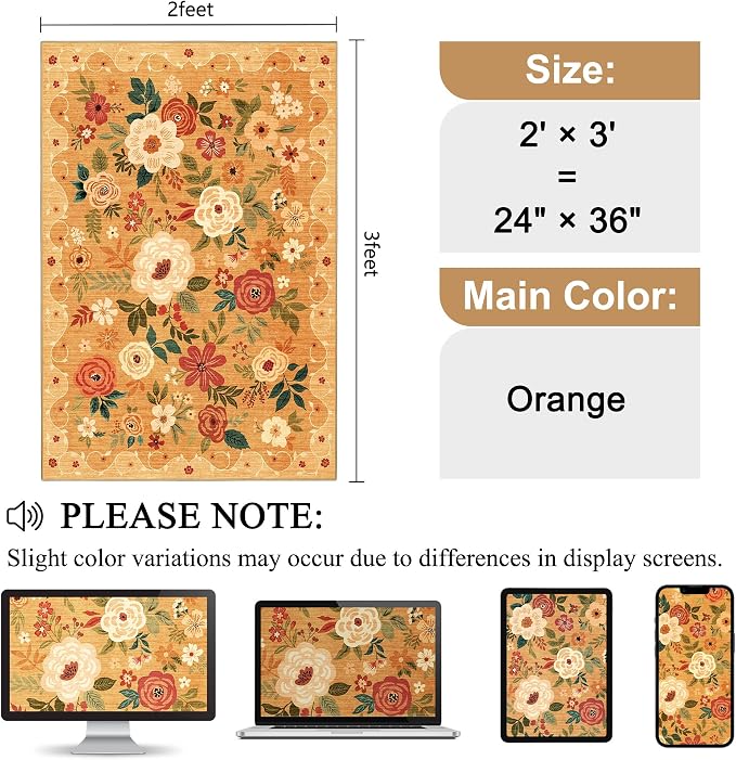 DUKINO 2x3 Rugs for Entryway, Floral Indoor Washable Door Mat, Non Slip Boho Small Rug for Kitchen, Soft Low Pile Front Door Throw Rug for Entrance, Bedroom, Kitchen, Laundry, Bathroom, Orange