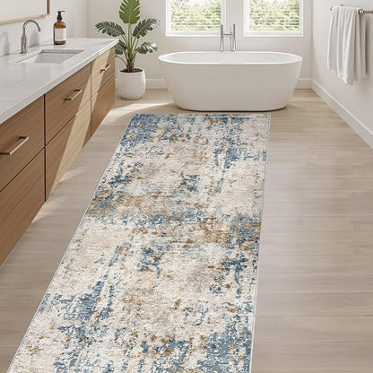Runner Rug Kitchen Washable Rugs: 3x10 Non-Slip Abstract Soft Modern Stain Resistant Indoor Floor Neutral Accent Throw Carpet for Hallway Bathroom Laundry Room Entryway Bedroom- Blue Tan