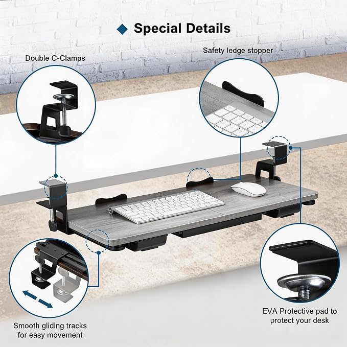 Keyboard Tray Under Desk with Drawer,26.77" X 11.81" Keyboard Tray Large Size with C Clamp-on Mount, Easy to Install, Save Space for Office Desk (Grey)