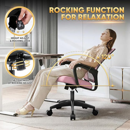 Magshion Ergonomic Office Desk Chair, Mid-Back Mesh Computer Chair, Swivel Chair with Breathable Backrest & Lumbar Support, Adjustable Height for Gaming, Work, Study, 300 Lbs Capacity, Pink