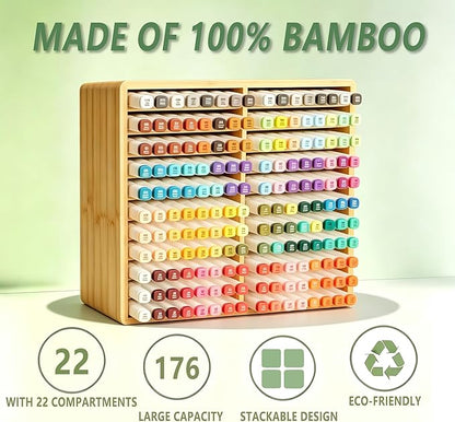 Bamboo Marker Organizer,Wooden Desktop Marker Storage,Art Supply Pencil Storage with 22 Compartments,Pen Holder for Office,Home,Classroom,Hold 176 Markers
