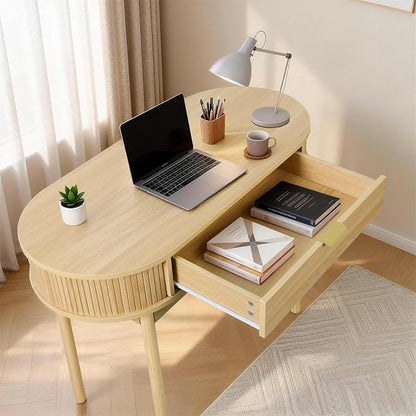 Fluted Small Computer Desk with Drawer, 40 Inch Mid-Century Modern Writing Desk with Solid Wood Legs,Compact Study Table for Small Spaces, Home Office, Bedroom,Natural