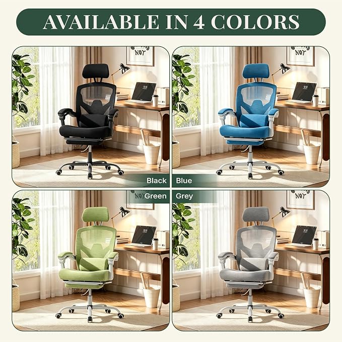 Ergonomic Office Chair with Footrest, High Back Home Desk Computer Chair with Lumbar Support & Headrest, 90-135° Reclining Mesh Back with Wheels for Work, Gaming, Grey