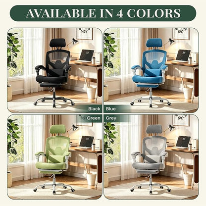 Ergonomic Office Chair with Footrest, High Back Home Desk Computer Chair with Lumbar Support & Headrest, 90-135° Reclining Mesh Back with Wheels for Work, Gaming, Grey