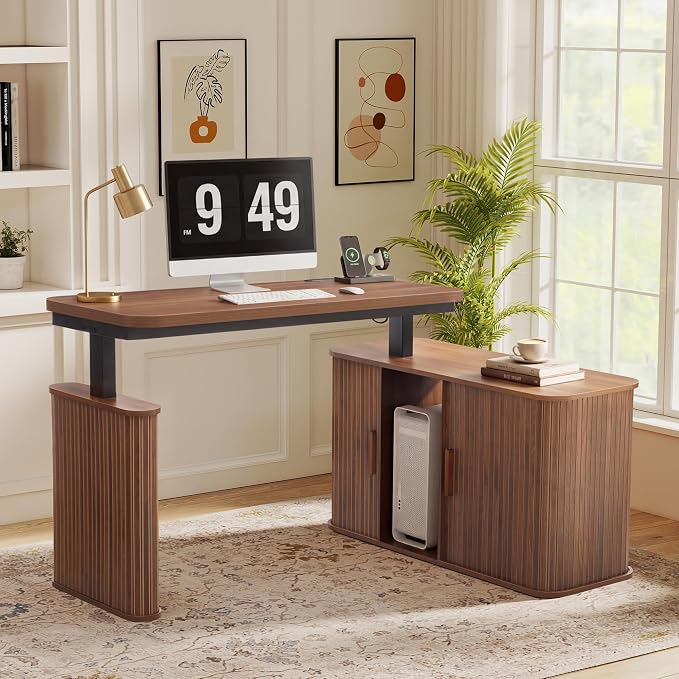 L Shaped Standing Desk with Storage, 47" Electric Desk Height Adjustable Executive Desk with Drawers, Sliding Door Wood Desk Office Sit Stand up Desk for Work, Study, Writing, Walnut
