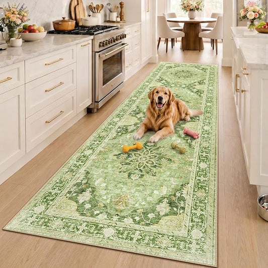 RELEANY Area Rugs Runner 3'x10' Washable Non-Slip, Floral Vintage Distress Medallion Carpet for Kitchen Hallway Bedroom Beside Laundry Room Bathroom, Sage Green Yellow