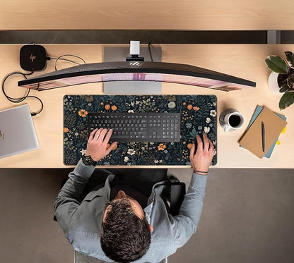 Cute Dark Floral Desk Mat Vintage Flowers Plant Mouse Pad XXL Large Extended Gaming Mousepad Women Office Decor Desk Pad, Big Laptop Computer Keyboard and Mouse Mat with Stitched Edges, 31.5x15.7 in