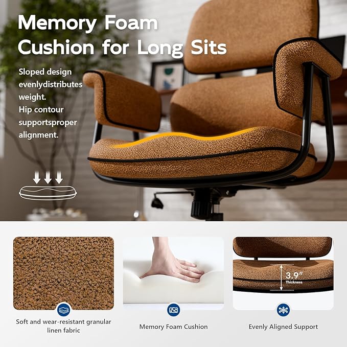 HomeZeer Brown Office Chair, Memory Foam Seat Mid Century Modern Desk Chair | 3.9" Sloped U-Shaped Memory Foam Cushion, Granular Linen Fabric, Lumbar Support, 1.2mm Sturdy Metal Tube, 400LBS Capacity
