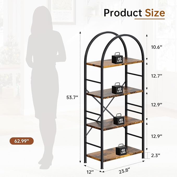 Shintenchi Arched Bookshelf, 4 Tier Bookcase, Tall Storage Shelf, Brown