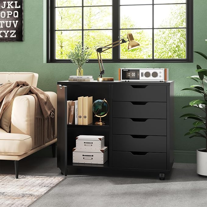 OLIXIS Under Desk Mobile File Cabinet, MDF Rolling Printer Storage Cabinet with 5 Drawers & Side Cabinet, Smooth Gliding Office Storage Organizer for Home Office, Black