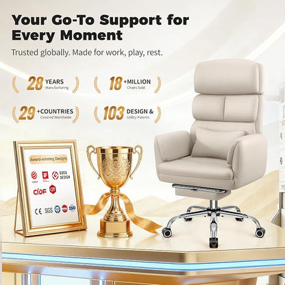 Big and Tall Office Chair 500LBS, Ergonomic High Back Leather Executive Chair, Reclining Swivel with Adjustable Armrests Lumbar Support Footrest, Cross Legged, Beige