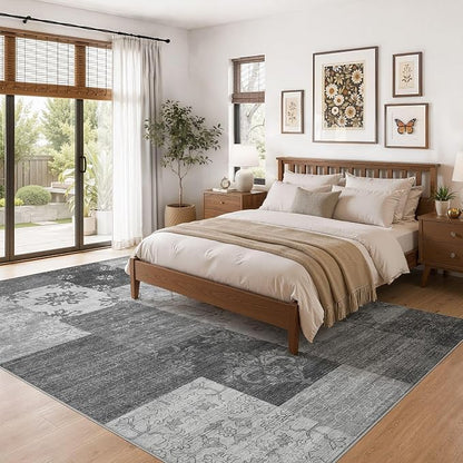 UERMEI 6x9 Area Rug for Living Room - Washable Vintage Carpet, Non-Slip Soft Large Indoor Floor Rugs for Bedroom Home Office & Under Dining Table Decor, Gray Block