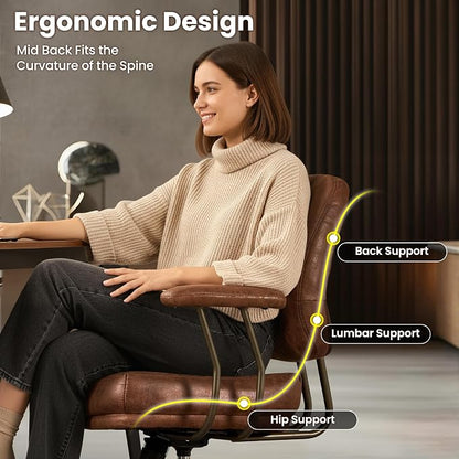 ovios Ergonomic Office Chair, Mid Back Faux Leather Executive Chairs with Thick Cushion, Comfy Mid-Century Modern Swivel Rolling Computer Armchair (Dark Brown, Suede Leather)