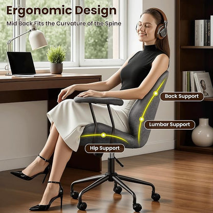 ovios Home Office Chair, Mid-Century Modern Faux Suede Leather Ergonomic Chairs, Mid Back Comfy Computer Swivel Rolling Task Executive Armchair, Grey