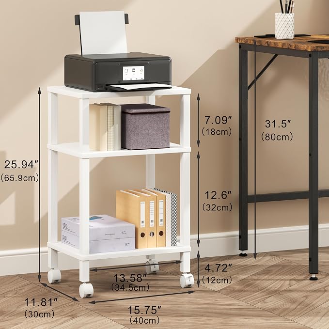 3-Tier Printer Stand with Storage, Mobile Printer Cart with Rolling Casters and Adjustable Feet, Under Desk Storage Shelf for Home Office,Small Printers, White, 15.7" x 11.8" x 25.9"