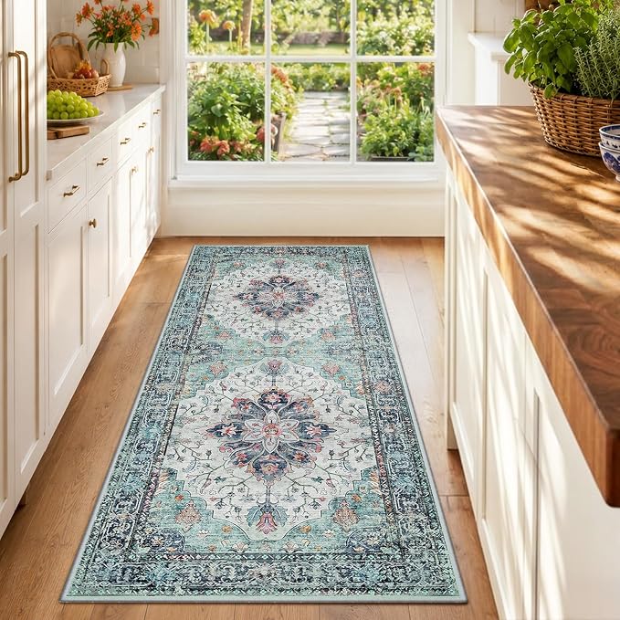 RELEANY Area Rugs Runner 2'x6' Washable Non-Slip, Floral Vintage Distress Medallion Carpet for Kitchen Hallway Bedroom Beside Laundry Room Bathroom, Green Navy Blue White Red Teal