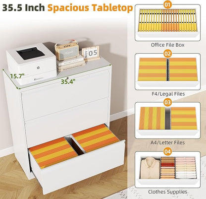 Lateral File Cabinet, 3 Drawer Lateral File Cabinet with Lock, Metal Lateral Filing Cabinet for Home Office, Office Organization Cabinet for Letter/Legal/F4/A4 Size