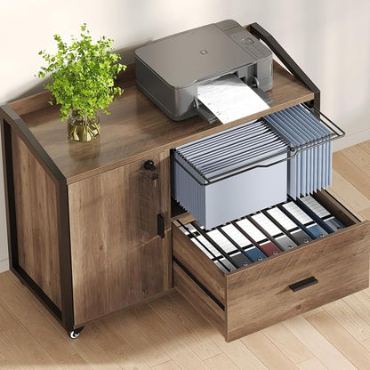 HSH Rolling File Cabinet with Lock, Mobile Lateral Filling Cabinet on Wheels, Wood Printer Stand with Storage Drawer, Modern File Cabinets Fits F4 Legal for Home Office, Rustic Oak, 33Inch