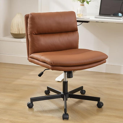 Okeysen Criss Cross Chair with Wheels,Wide Seat Cross Legged Comfy Office Desk Chair, PU Leather Armless Swivel Computer Task Chairs for Home, Office, Vanity, Brown