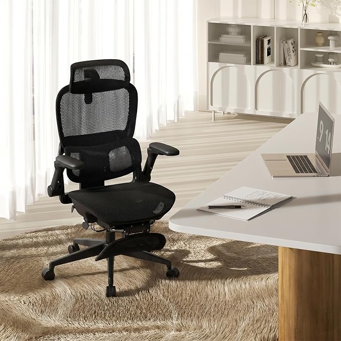 SIHOO B300 PRO Comfy Ergonomic Office Chair with FOOTREST, Mesh Computer Chair with 360° FILP-up 6D Armrests, 135° Reclining, Breathable Desk Chair for Home Office, Holds 300 LBS-White