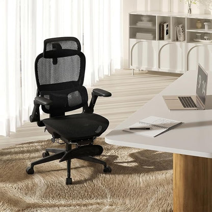 SIHOO B300 PRO Comfy Ergonomic Office Chair with FOOTREST, Mesh Computer Chair with 360° FILP-up 6D Armrests, 135° Reclining, Breathable Desk Chair for Home Office, Holds 300 LBS-White
