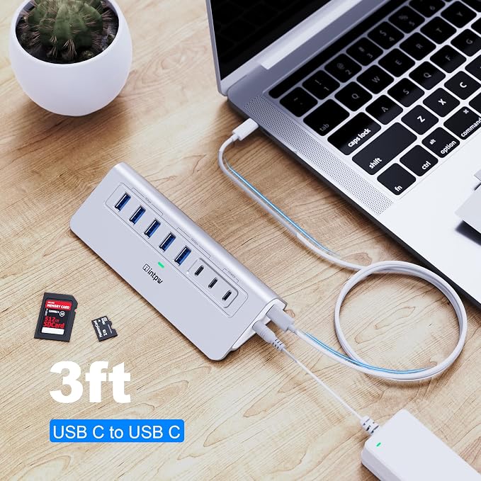 Powered USB Hub 10Gbps, Intpw YH6AC Plus 10-Port USB Hub 3.2 (USB A/USB C 3.2+3 USB-A 3.0+2 PD 45W Fast Charging Port+SD/TF Card Reader), 65W Power Adapter,Aluminum USB HUB for PC,Laptop,iPhone 17/16