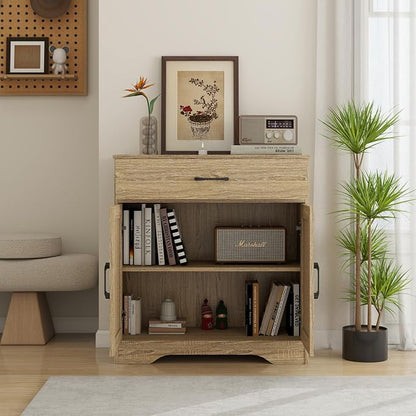 Panana Wooden Cabinet 1 Drawer and 2 Doors Storage Cupboard Coffee Bar Sideboard Farmhouse Entryway Organizer Console (Nature)