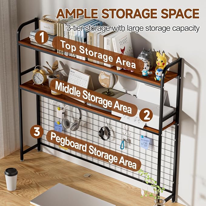 Desk Shelf, 2-Tier Desktop Hutch Bookshelf with Pegboard Hooks Set, Metal Table Top Bookcase for Computer, Freestanding Countertop Storage Organizer Rack for Dorm, Office & Home, Black, 45.3"