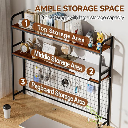 Desk Shelf, 2-Tier Desktop Hutch Bookshelf with Pegboard Hooks Set, Metal Table Top Bookcase for Computer, Freestanding Countertop Storage Organizer Rack for Dorm, Office & Home, Black, 45.3"