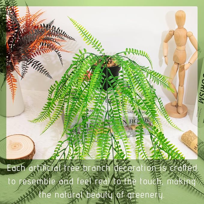 Small Artificial Hanging Plant for Shelf Fake Plant Potted Boston Ferns Faux Trailing Leaves Plant for Indoor Outdoor Aesthetic Office Living Room Shelf Decor (Black Pot)