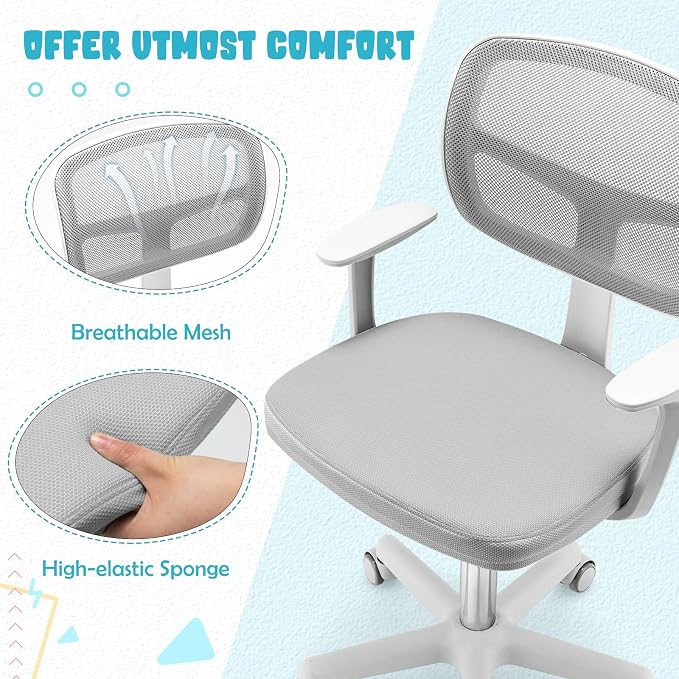 Kids Desk Chair, Height Adjustable Children Study Chair w/Lumbar Support, Swivel Mesh Seat, Universal Casters, Ergonomic Kids Task Chair for Boys Girls Aged 3-10, Home, School, Office(Grey)