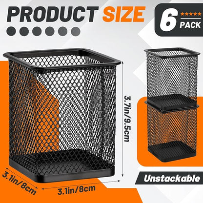 Segarty Pen Cup Holder, 6 Pack Square Black Pen Holder for Desk, Metal Mesh Pencil Cups Bulk for Office Supplies, School Classroom, Desktop Accessories, Makeup Brush