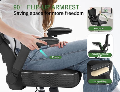 Ergonomic Office Chair - Desk Chair with Adjustable Lumbar Support Computer Chair - Mesh Comfy Chair with Flip-up Armrests - Gaming Chairs for Adults Home Office (Leather, Black)