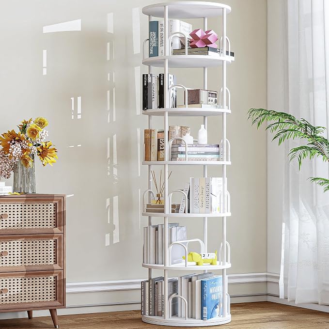 6 Tier Rotating Bookshelf Tower, Standing Tall Corner Wood, White Metal Modern Book Shelf Organizer Retro Vintage Rustic Modern Large Bookshelf Book Display Furniture for Your Home, Office, Kids