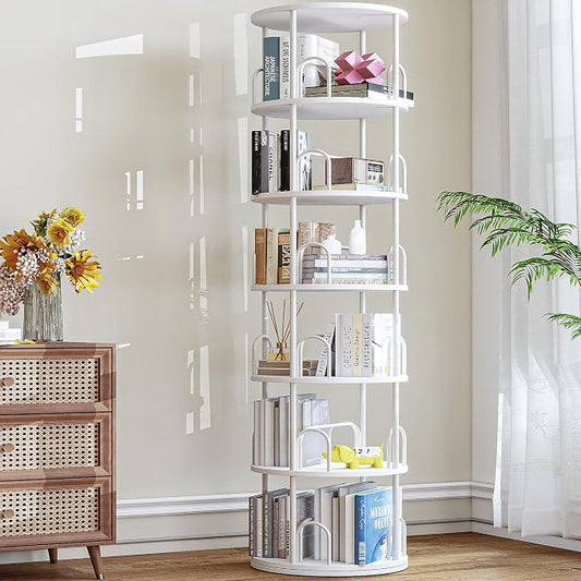 6 Tier Rotating Bookshelf Tower, Standing Tall Corner Wood, White Metal Modern Book Shelf Organizer Retro Vintage Rustic Modern Large Bookshelf Book Display Furniture for Your Home, Office, Kids