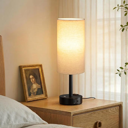 Touch Bedside Table Lamp with Memory - Stepless Dimmable Lamp for Bedroom, Small Nightstand Lamp with Dual USB Charging Ports and AC Outlet, Wood Night Light, Desk Lamp for Nursery (Beige & Black)