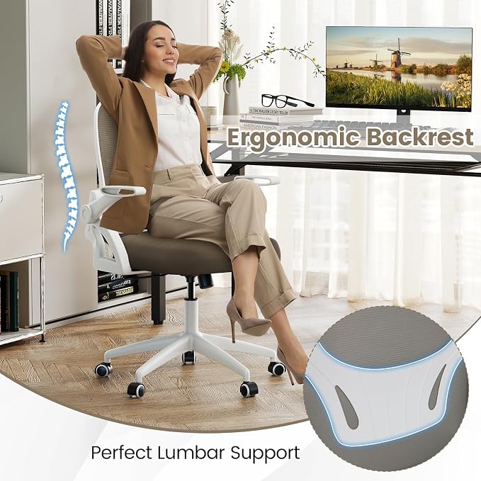 COSTWAY Office Chair, Comfy Swivel Rolling Desk Chair with Adjustable Height & Flip-Up Armrests, Ergonomic Mesh Computer Chairs with Lumbar Support for Working & Gaming (Grey)