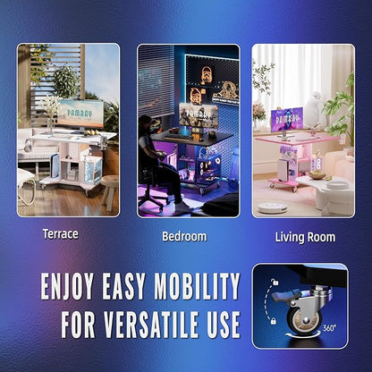 Pamray Small Gaming Desk Rolling Computer Table Pink | Movable, with Led Lights Power Outlets, with Storage Pegboard and Hook, Sturdy, Suitable for Study Gaming Bedroom Dorm