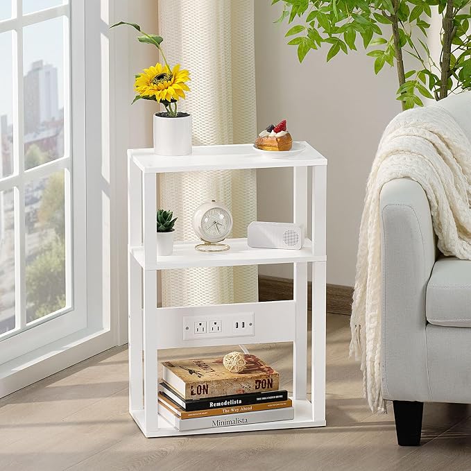 YUFAM 3-Tier Small Narrow Wood Side Table Set of 2 with Charging Station - Skinny Nightstand for Small Spaces, Slim Bedside Table with USB Ports and Outlets - Thin End Table with Storage, White