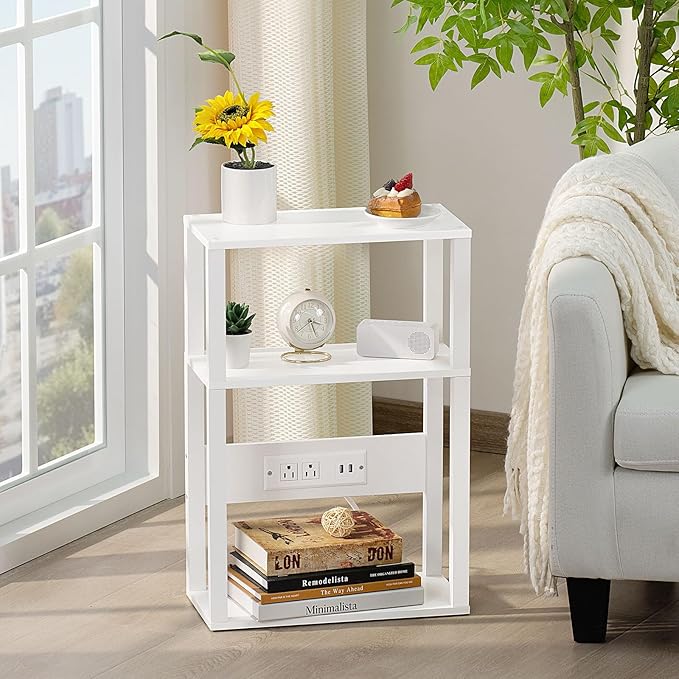 YUFAM 3-Tier Small Narrow Wood Side Table with Charging Station, Skinny Nightstand for Small Space, Slim Bedside Table with Storage for Couch, Thin End Table with USB Ports and Outlets, White